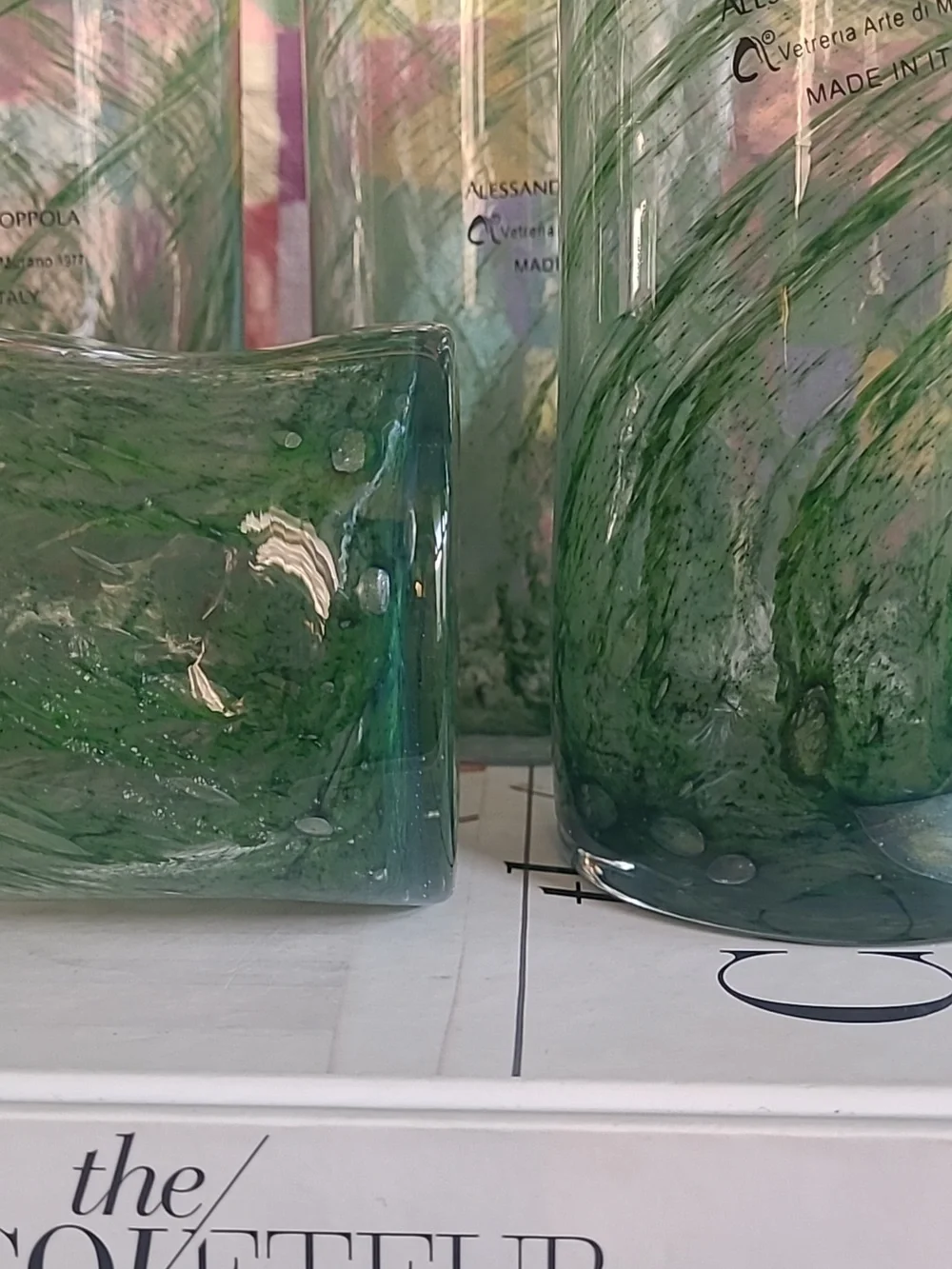 MURANO HANDBLOWN GLASS GREEN SWIRL HIGHBALL CUPS SET OF 4